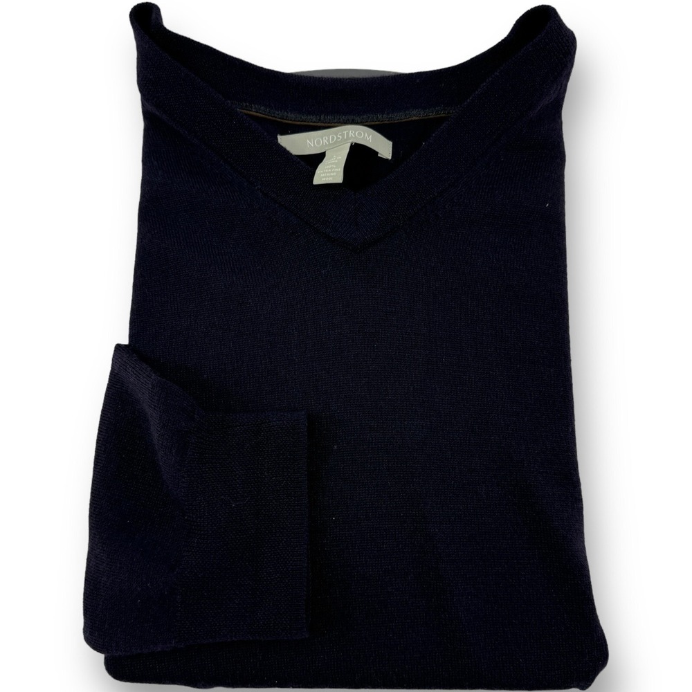 Nordstrom Navy Blue V-Neck Extra Fine‎ Merino Wool Jumper Sweater Size Large L